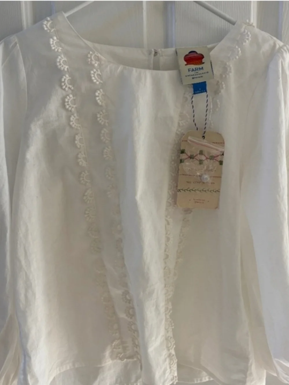 FARM RIO Palm Tree Cut Out Bohemian Puff Sleeve Ivory Top Small NWT